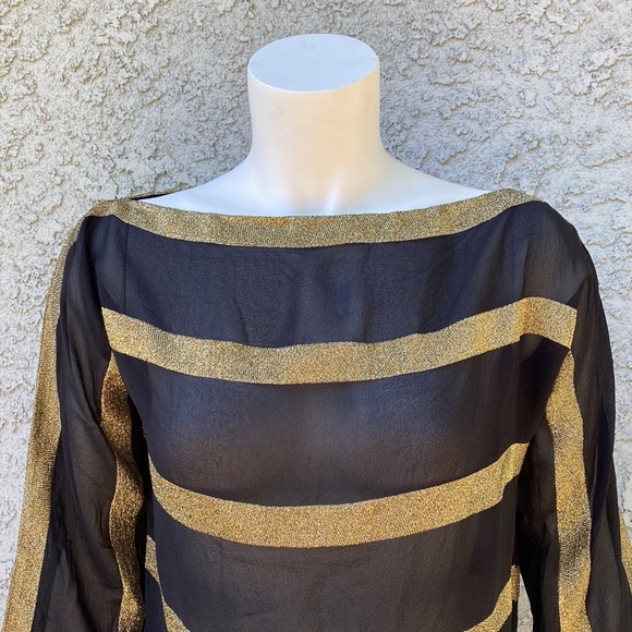 Ralph Lauren Black Label Gold Metallic Striped Sheer Silk Couture Blouse Shirt - Picture 2 of 8
